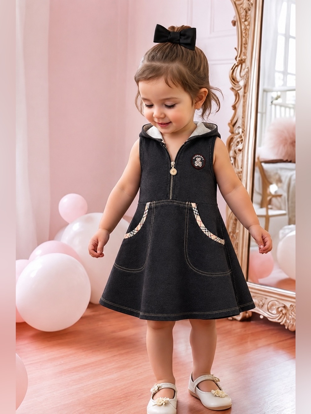 BURBERRY LONDON Iconic Nova Check Teddy Bear Denim Hooded Sleeveless Dress
